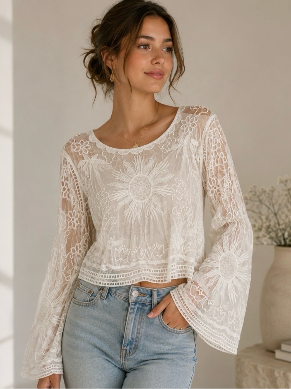 Bohemian White Embroidered Lace Peasant Top